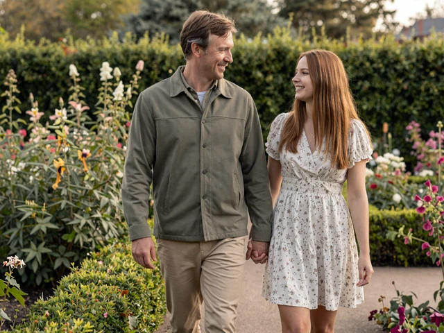 James and Elena walking hand in hand through a garden, an Amorpulse couple from Ohio