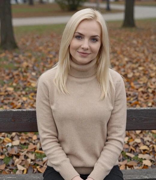 Alina, 30, seated on a park bench in autumn - verified Amorpulse member