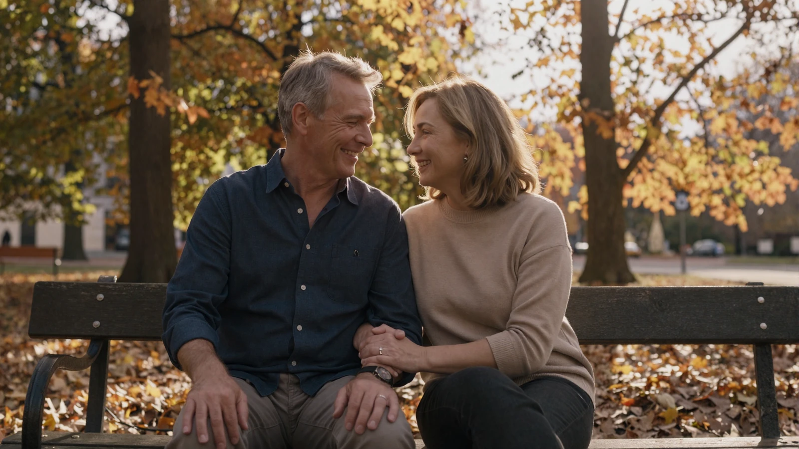 Mature couple laughing together on a park bench at golden hour, representing love found through Amorpulse
