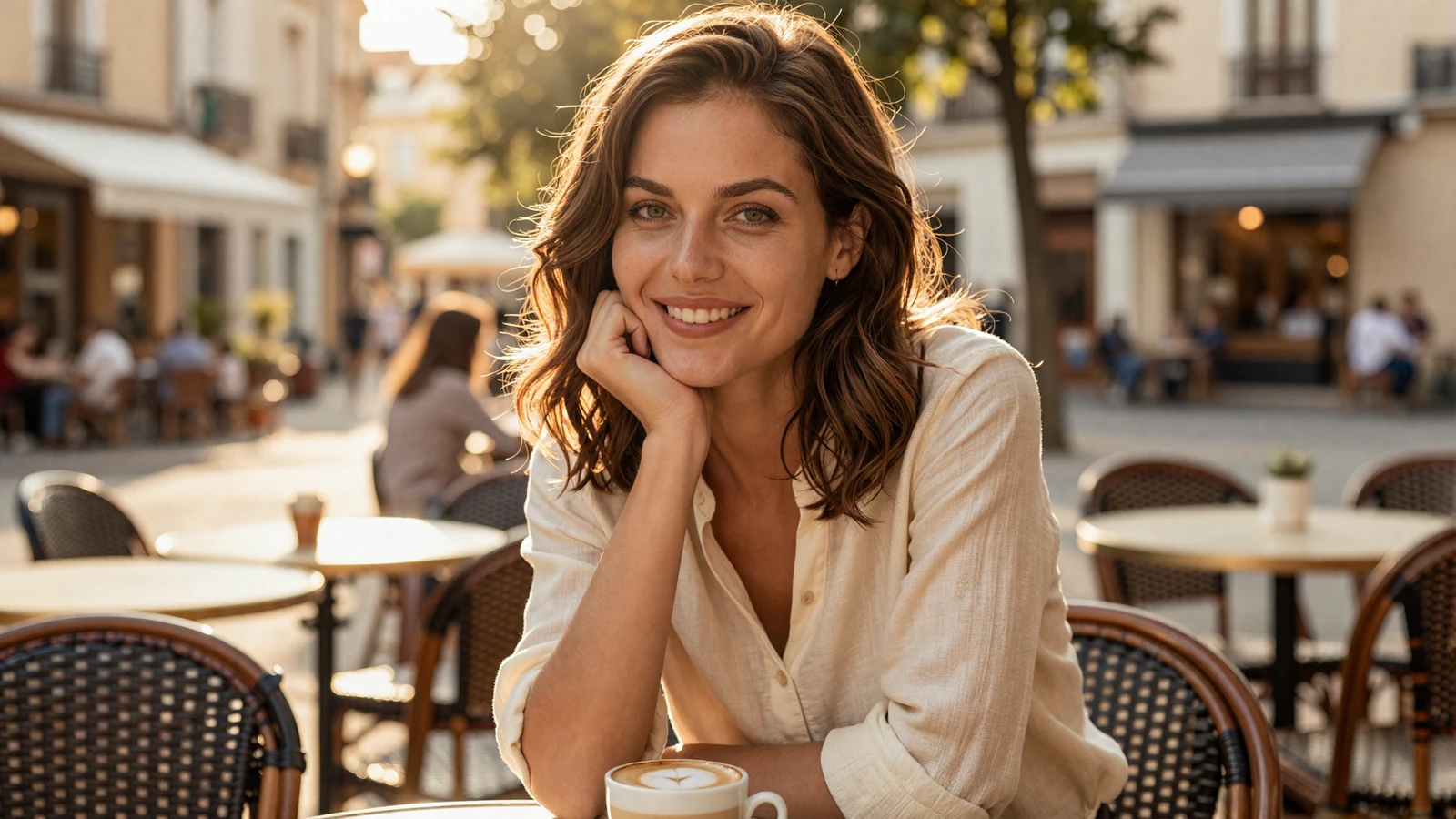 Woman smiling warmly at a sunlit outdoor cafe, representing genuine connection on Amorpulse