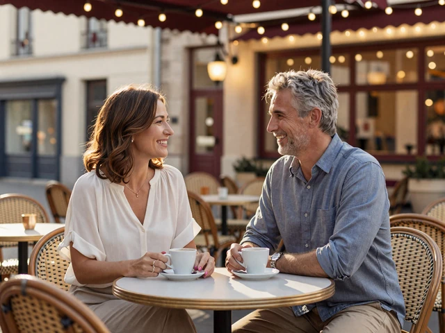 Couple enjoying their first meeting at a charming outdoor cafe after connecting on Amorpulse