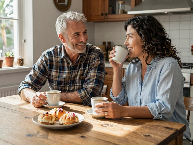 Robert and Maria sharing morning coffee together at their kitchen table, an Amorpulse couple from Texas