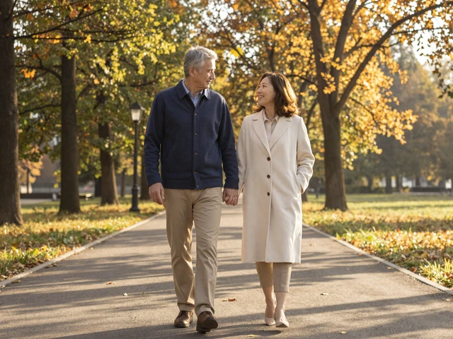 Mature couple walking hand in hand through a sunlit autumn park, enjoying connection found through Amorpulse