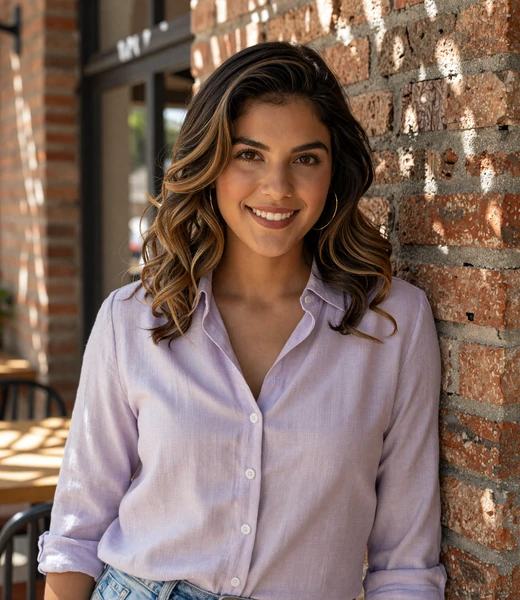 Camila, 29, at an outdoor cafe patio - verified Amorpulse member