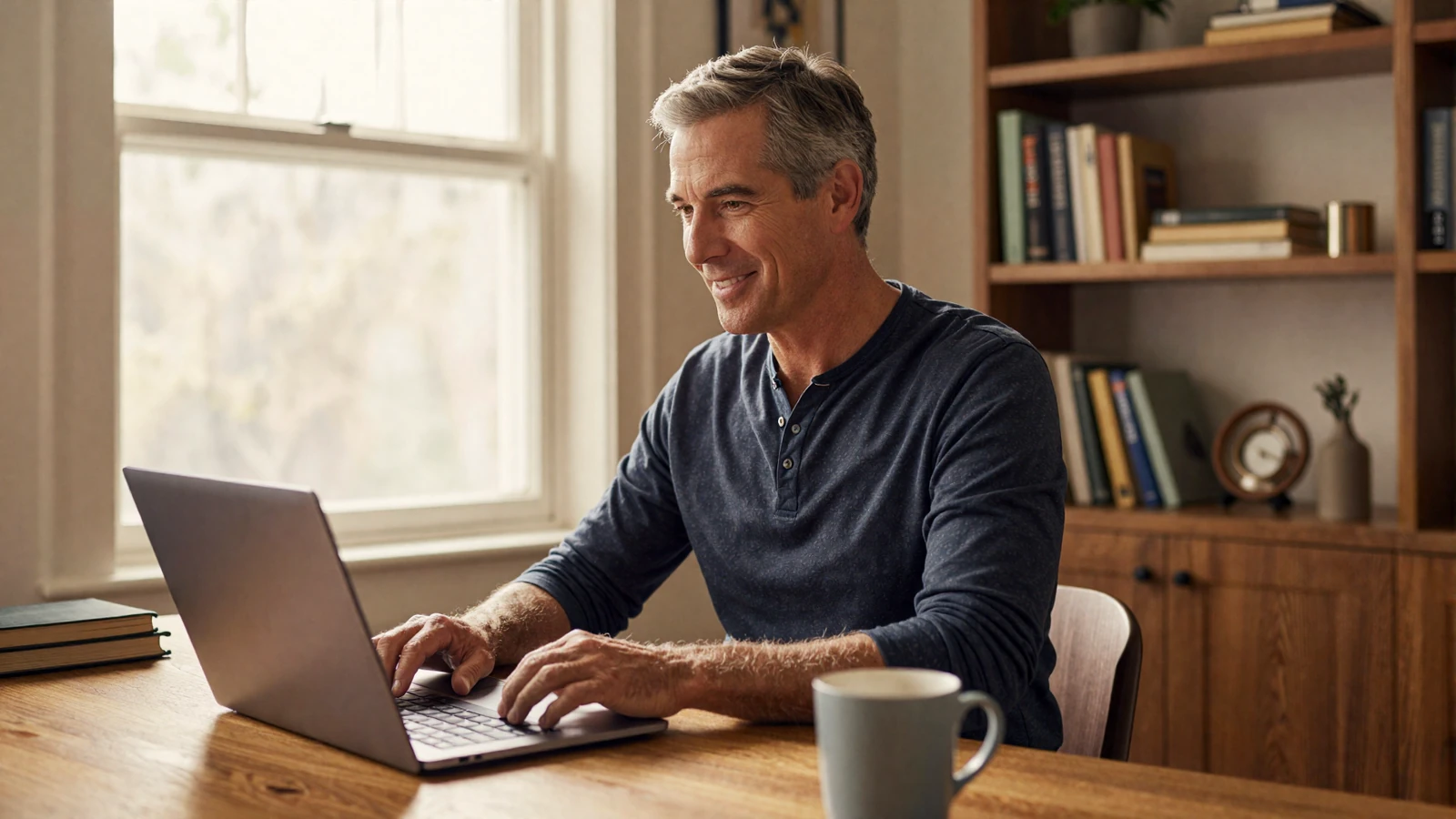Man comfortably browsing Amorpulse on his laptop at home with warm golden light